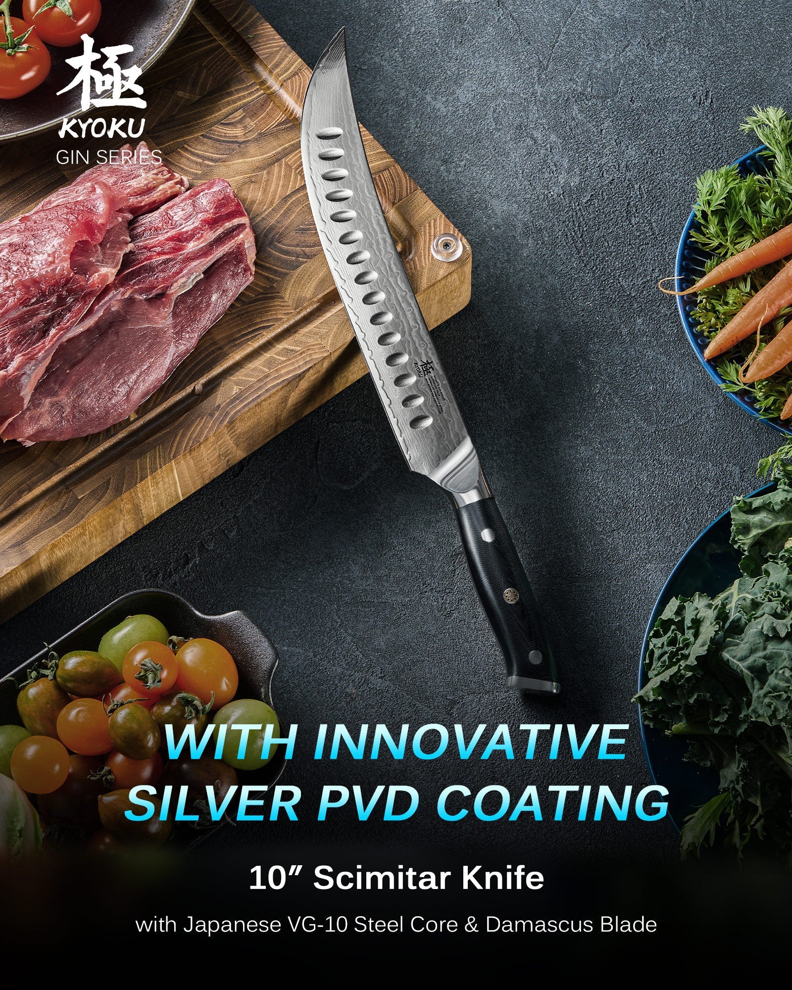 10" Brisket Butcher Knife VG10 Damascus Steel Silver-ion Coating | Gin Series