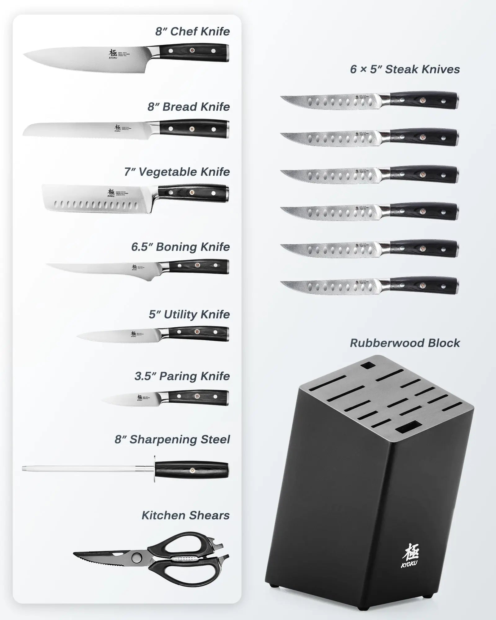 15pc Knife Block Set With Sharpening Steel & Shears|Samurai Series Kyoku Knives