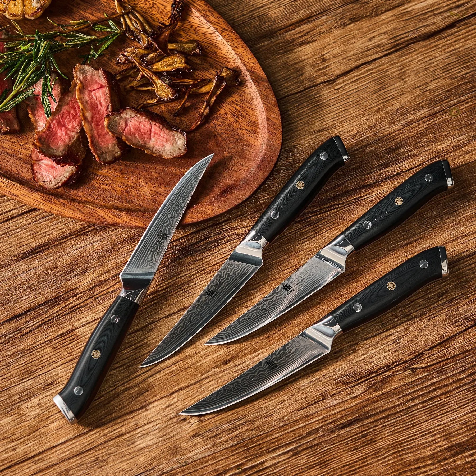 4pc Non-Serrated VG10 Damascus Steel Steak Knife Set | Shogun Series Kyoku Knives