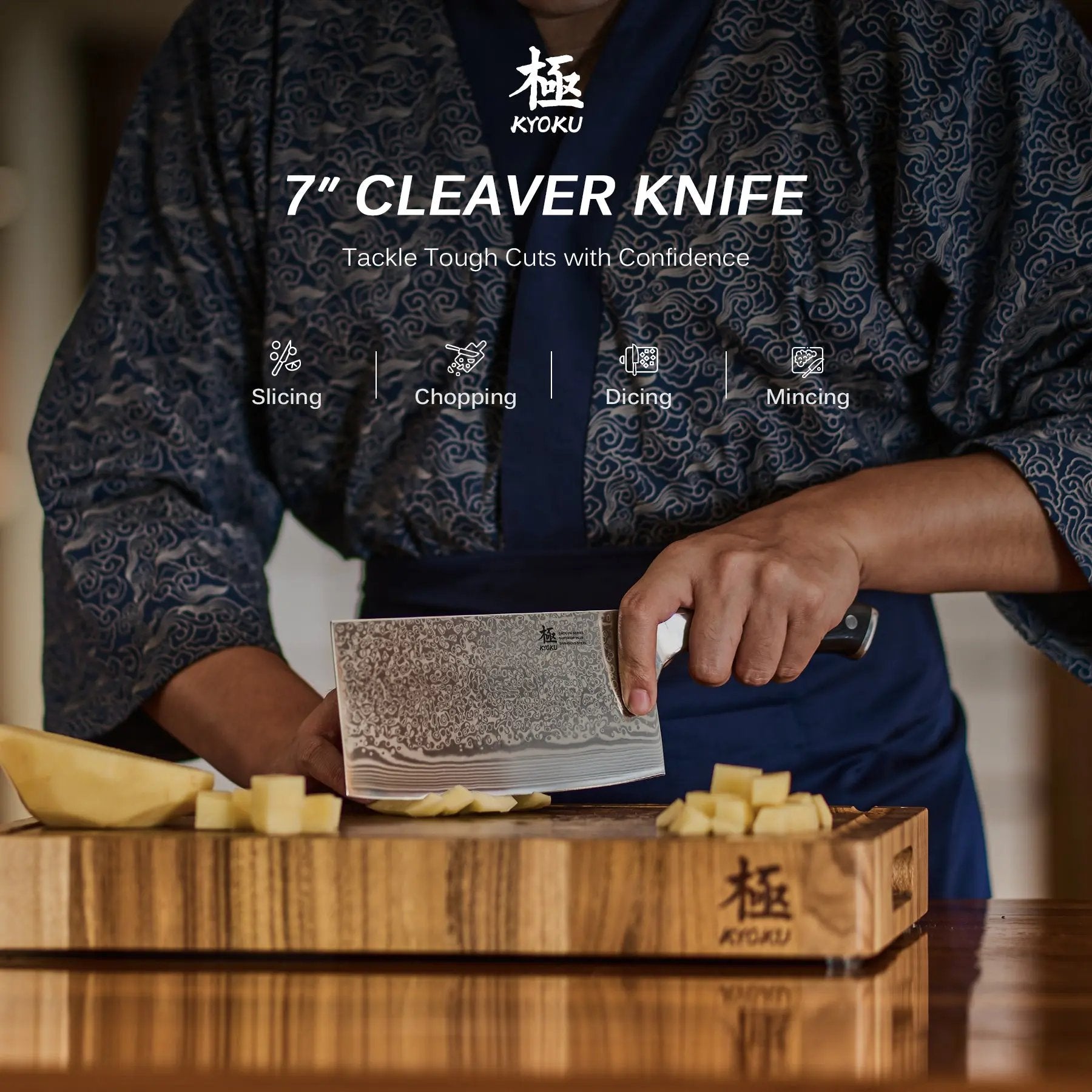 7" Cleaver Knife VG-10 Damascus Steel | Shogun Series Kyoku Knives