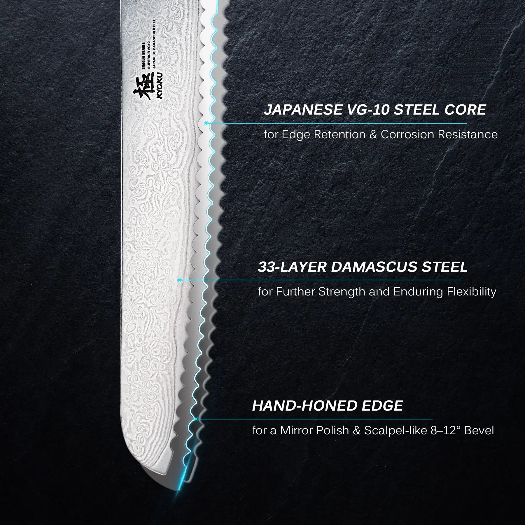 8" Bread Knife Damascus Steel | Shogun Series Kyoku Knives