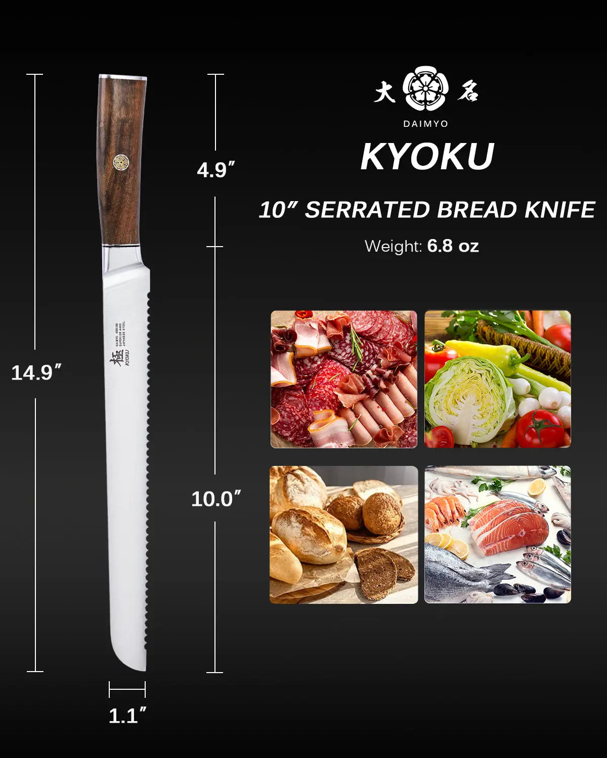 10" Bread Knife 440C Steel  | Daimyo Series Kyoku Knives