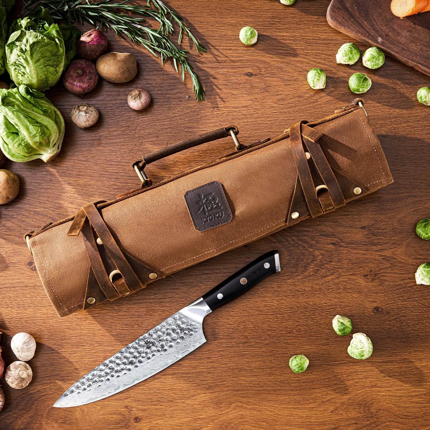 Carbon Steel Chef Knife Set With Rolling Leather Bag Gray